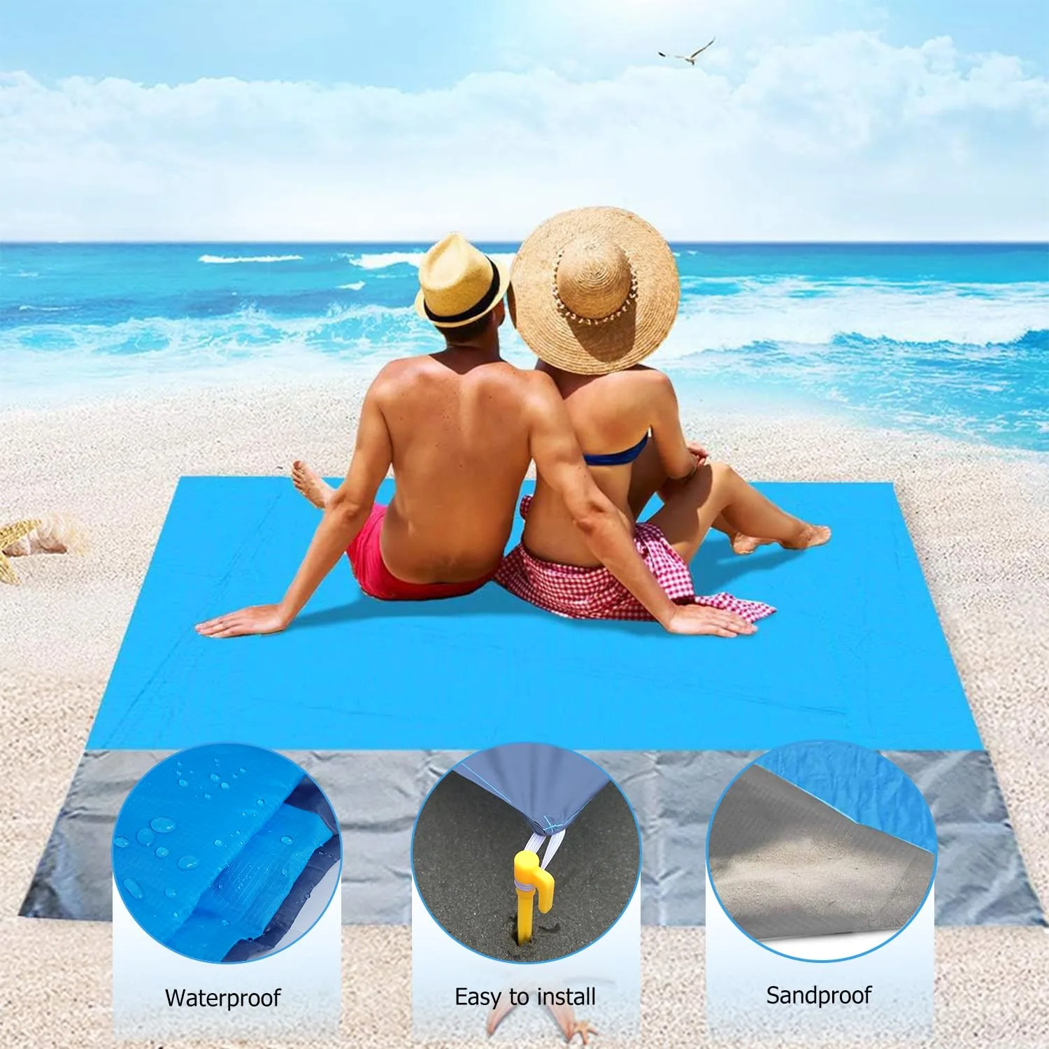 Alfombras de Playa, 200 x 210 cm Manta de Picnic con 4 Estaca Fijo para la Playa Acampar Picnic y Otra Actividad al Aire Libre foto 2