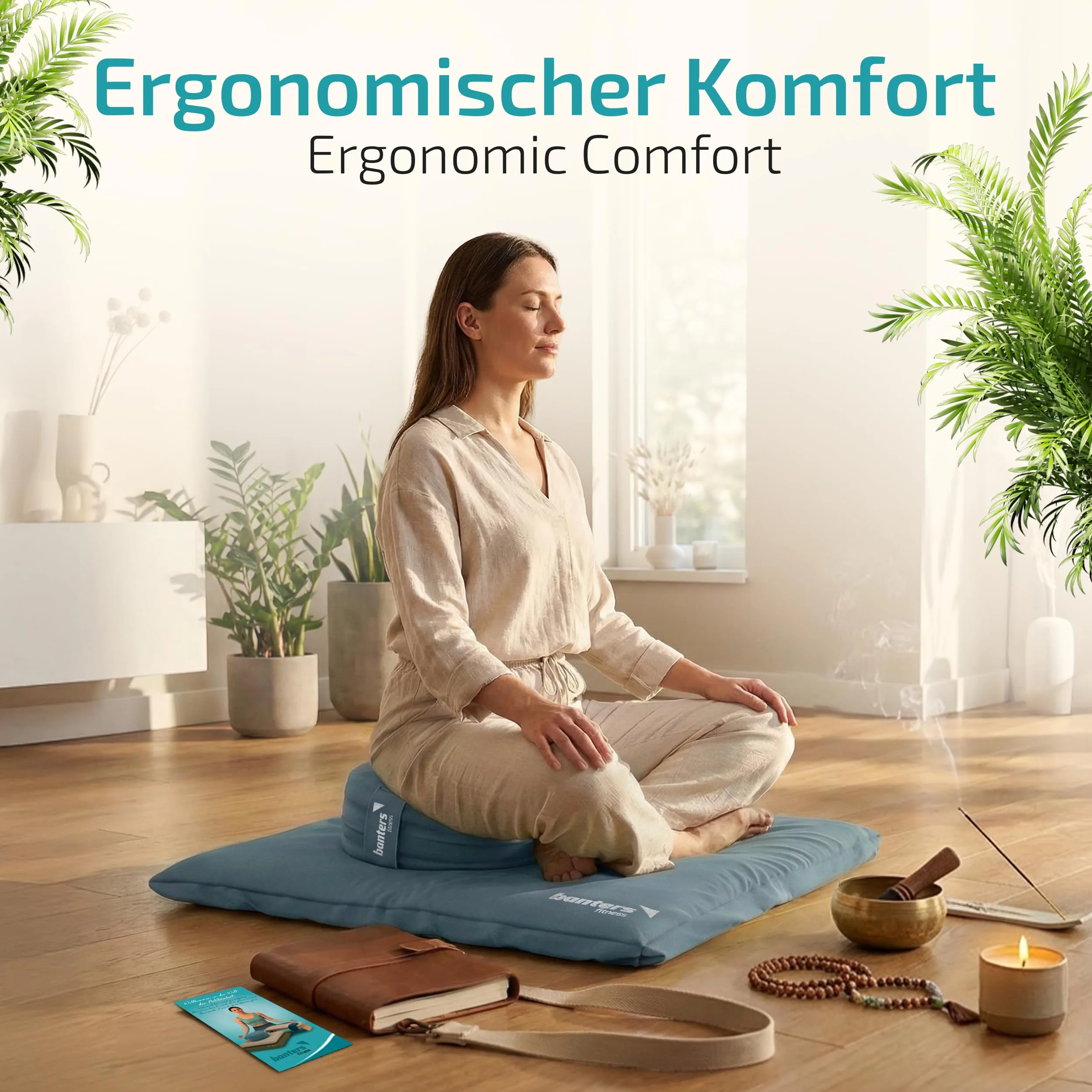 Banters Zabuton - Alfombrilla de meditación (80 x 80 x 6 cm, 100% algodón orgánico, base ergonómica para yoga, lavable, incluye plantilla de diario de 5 minutos) foto 1