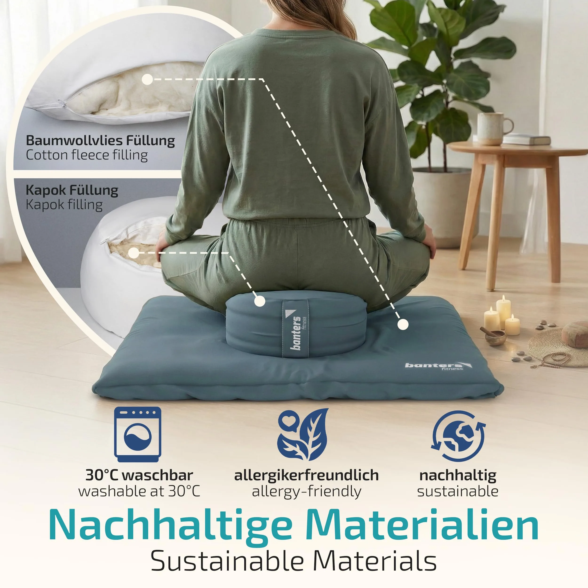 Banters Zabuton - Alfombrilla de meditación (80 x 80 x 6 cm, 100% algodón orgánico, base ergonómica para yoga, lavable, incluye plantilla de diario de 5 minutos) foto 2