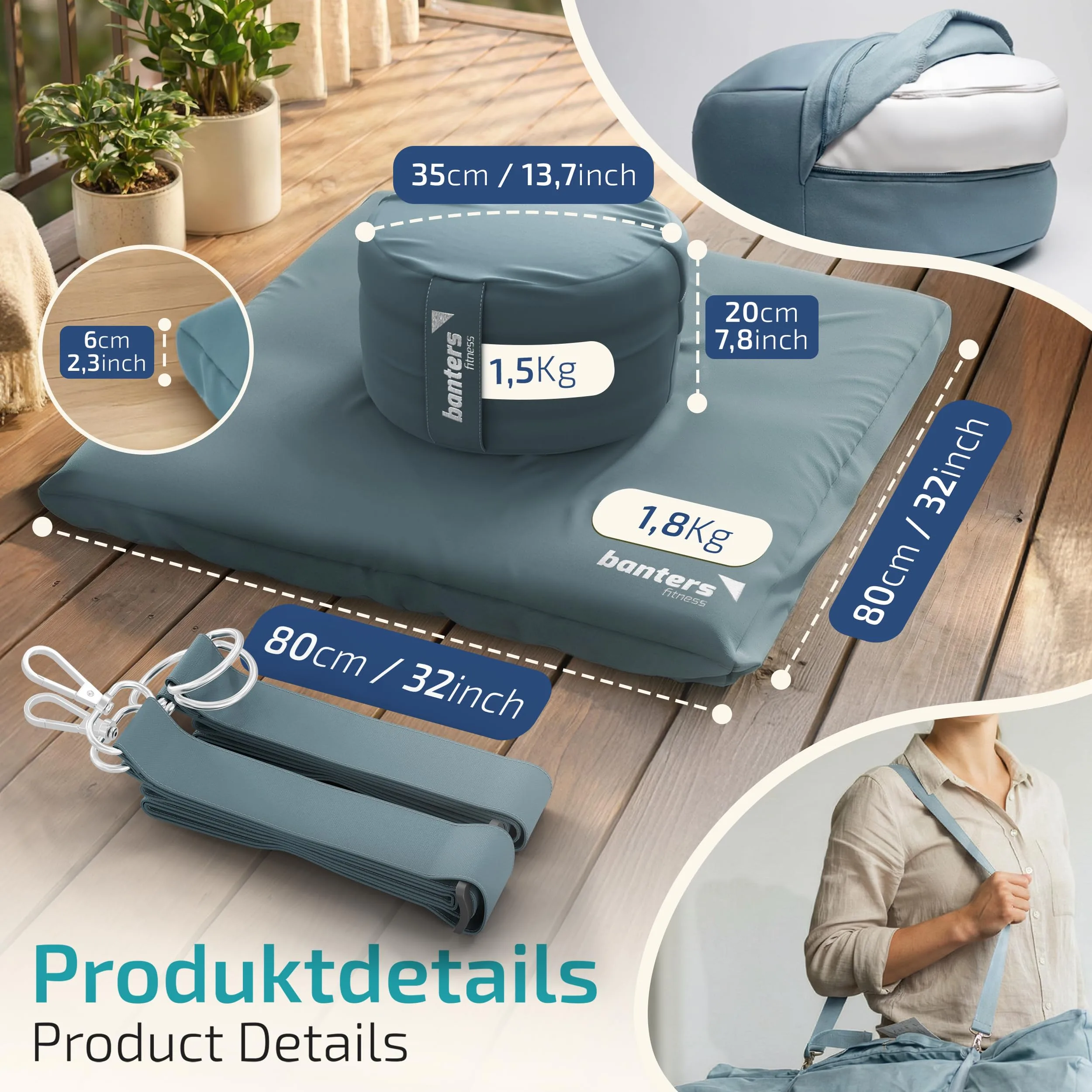 Banters Zabuton - Alfombrilla de meditación (80 x 80 x 6 cm, 100% algodón orgánico, base ergonómica para yoga, lavable, incluye plantilla de diario de 5 minutos) foto 4