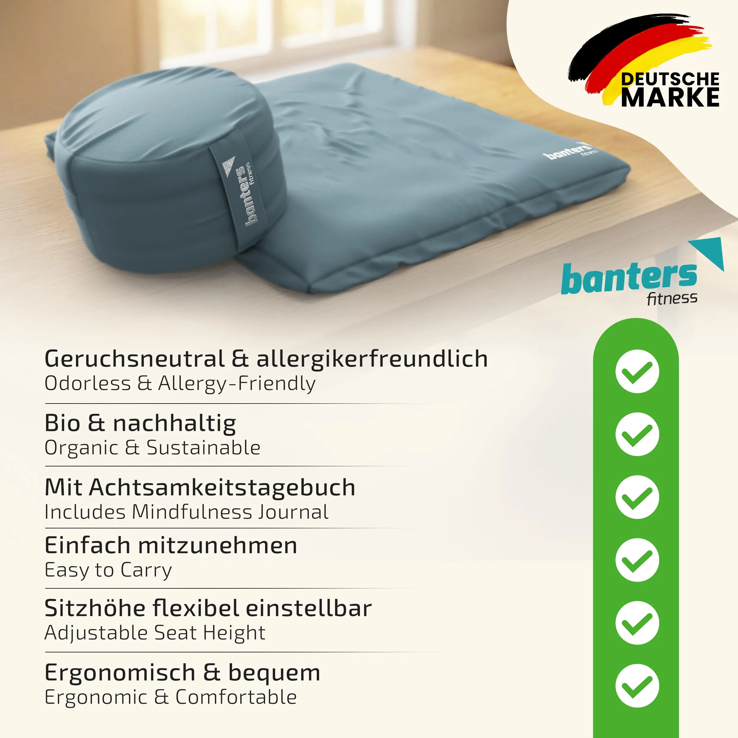 Banters Zabuton - Alfombrilla de meditación (80 x 80 x 6 cm, 100% algodón orgánico, base ergonómica para yoga, lavable, incluye plantilla de diario de 5 minutos) foto 6