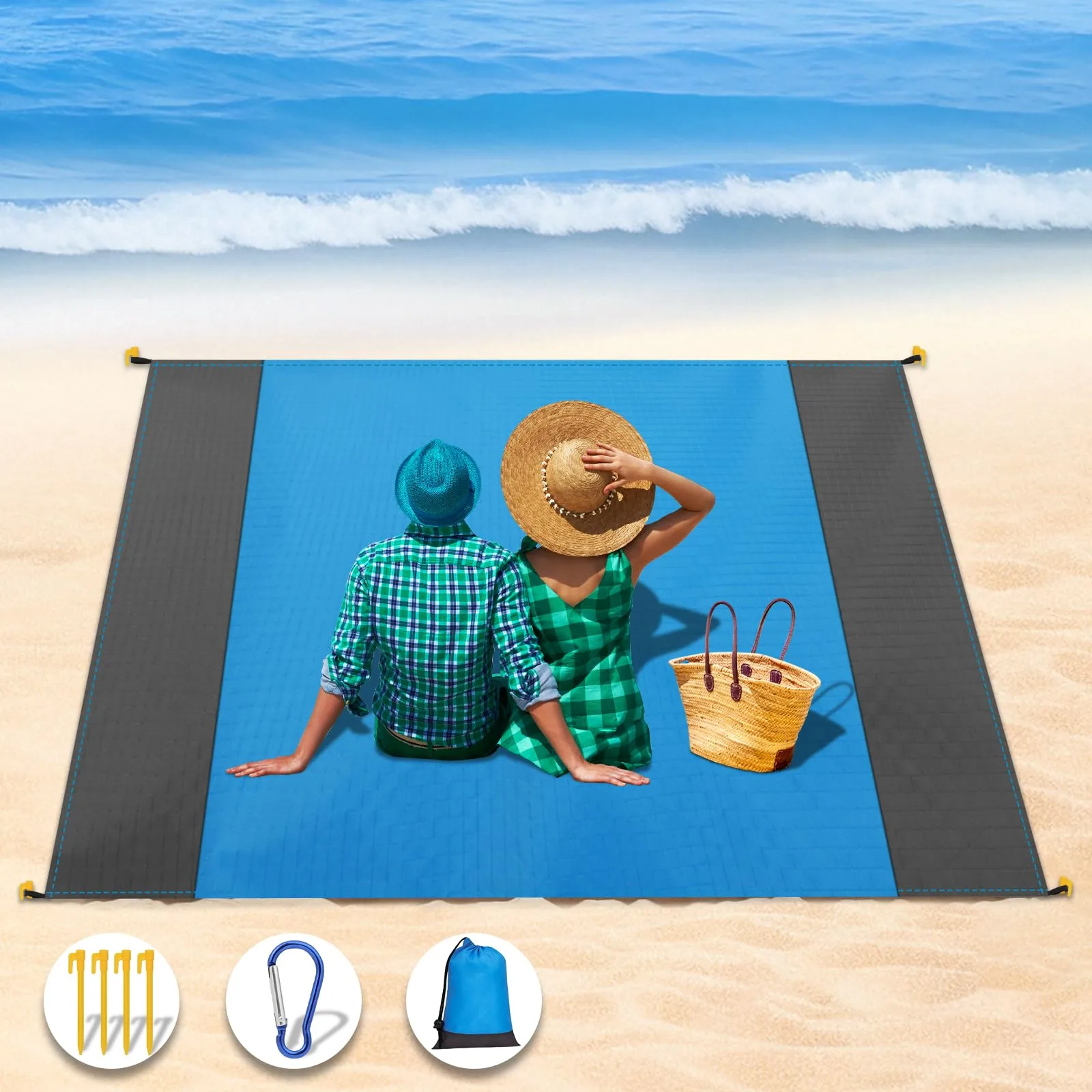 flintronic Alfombra de Playa, Alfombra de Playa Antiarena Grande, Esterilla de Playa Portátil, Alfombra de Picnic Antiarena con Clavijas Fijas Manta Multifuncional para Camping, Pícnic, Viajes foto 7
