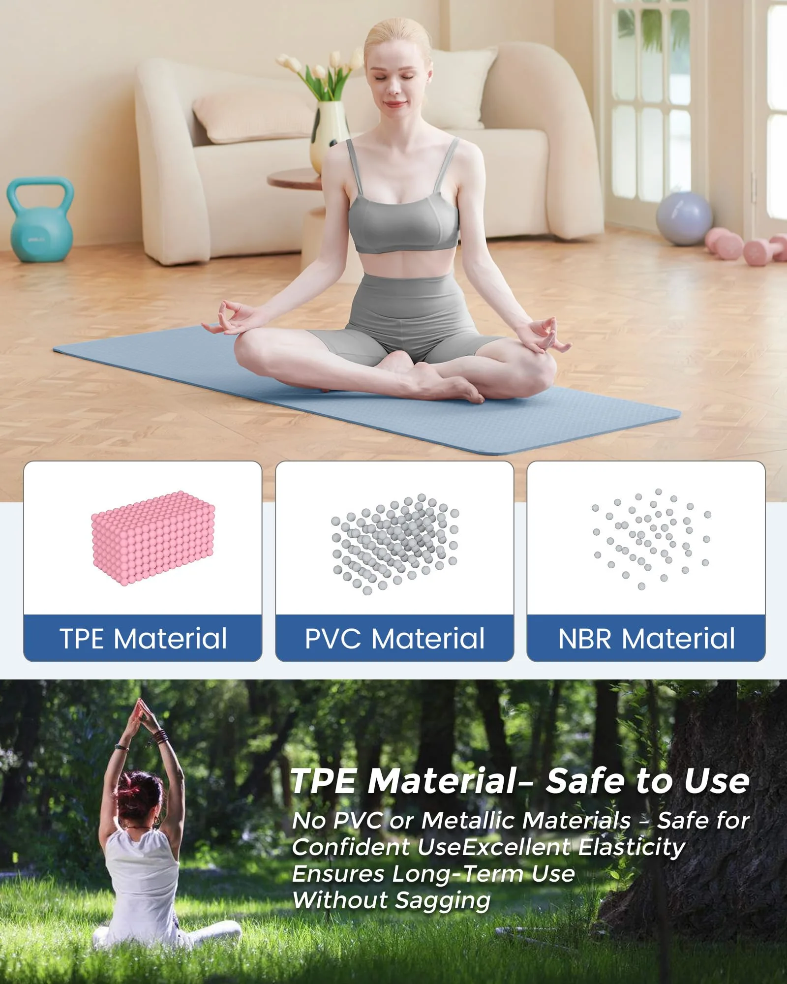 Oak & Tea Yoga Mat Thick Non Slip Yoga Mats for Women Men Exercise Mats for Home Gym with Carry Strap TPE Eco Friendly Workout Mat for Yoga Meditation Pilates 183x61x0.6cm foto 3