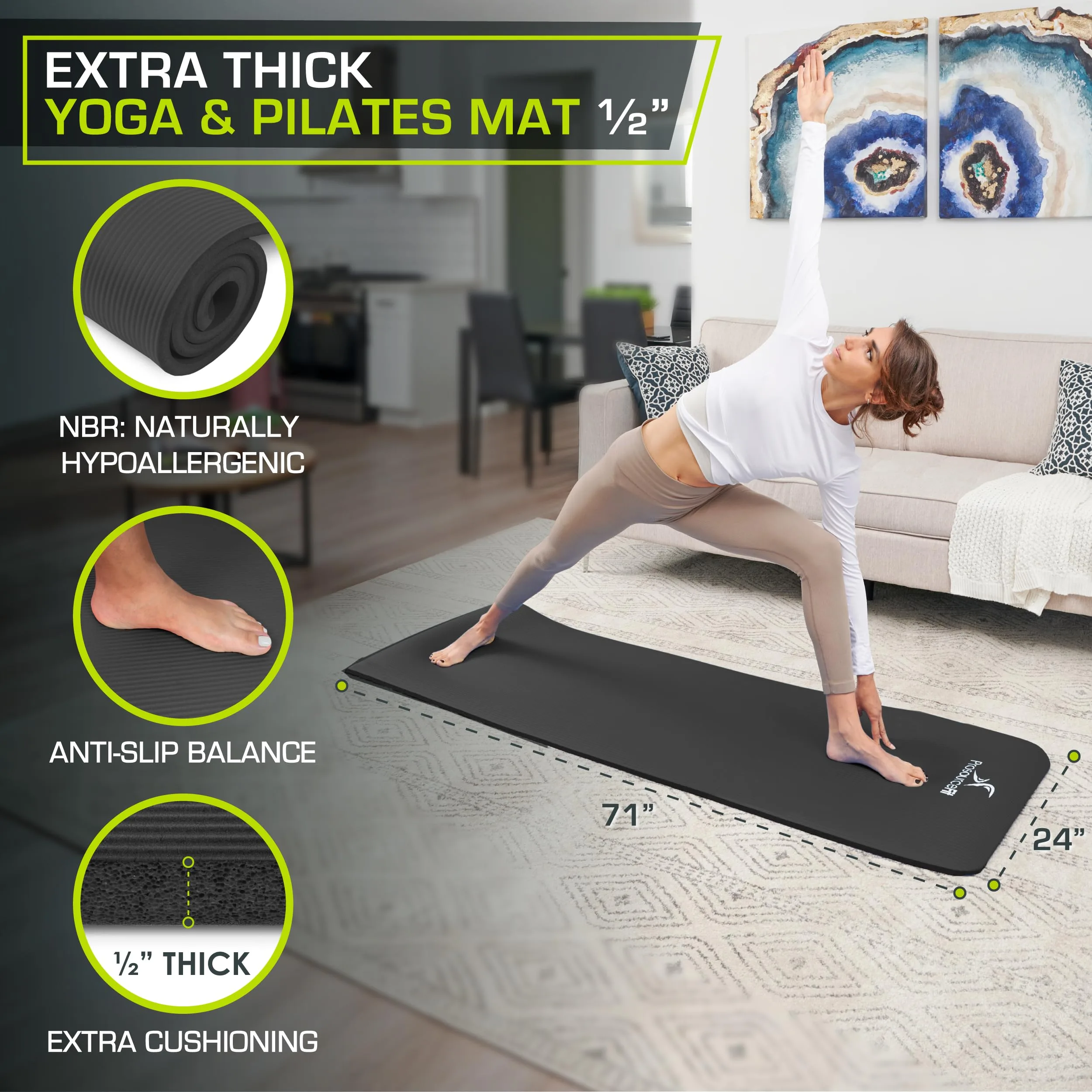 ProsourceFit Extra Thick Yoga and Pilates Mat ½” (13mm) or 1" (25mm), 71-inch Long High Density Exercise Mat with Comfort Foam and Carrying Strap foto 1